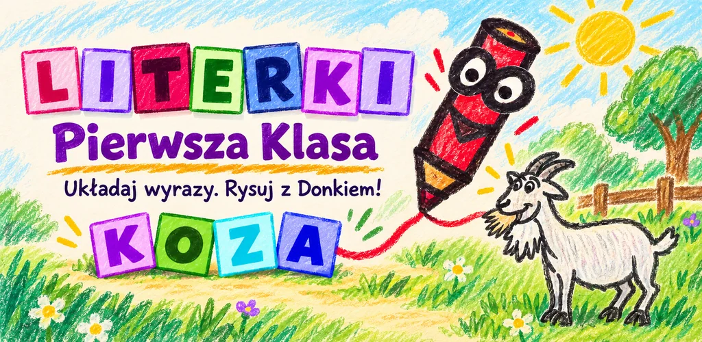 Kolorowe klocki z literami, kredka Donek i rysunek kozy